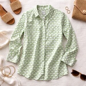 Caslon Linen-Cotton Ikat Print Button-Down Shirt Green White XS